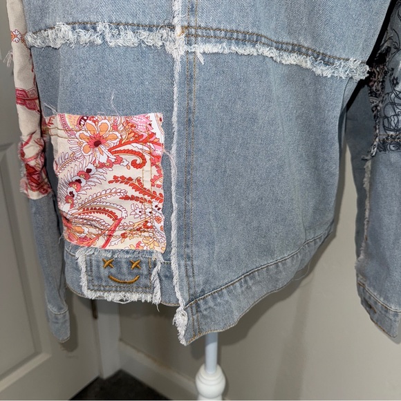 Patchwork Denim and Lace Jacket Distressed Boho Denim Shacket Mixed Floral Lace - Picture 10 of 17